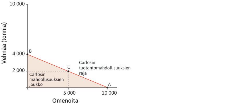 Carlosin mahdollisuuksien joukko
: Carlos voi tuottaa missä tahansa origon ja mahdollisuuksien rajan välisessä pisteessä. Punainen ala on hänen mahdollisuuksien joukkonsa.
