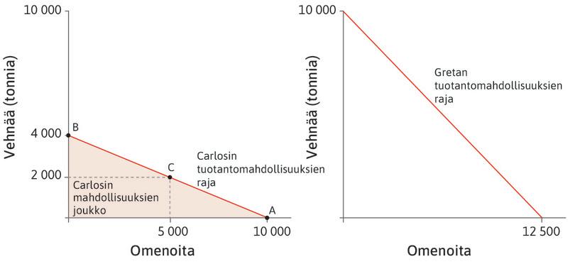Gretan tuotantomahdollisuuksien raja
: Oikeanpuoleiseen kaavioon on piirretty Gretan tuotantomahdollisuuksien raja. Greta pystyy tuottamaan molempia hyödykkeitä Carlosta enemmän. Jos hän tuottaa vain jompaakumpaa, hän saa vuoden aikana sadoksi joko 12 500 omenaa tai 10 000 tonnia vehnää.
