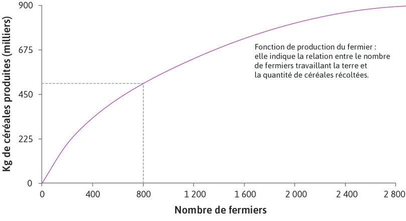 La fonction de production du fermier
: La fonction de production montre la relation entre le nombre de fermiers travaillant la terre et la quantité de céréales récoltée à la fin de la saison.

