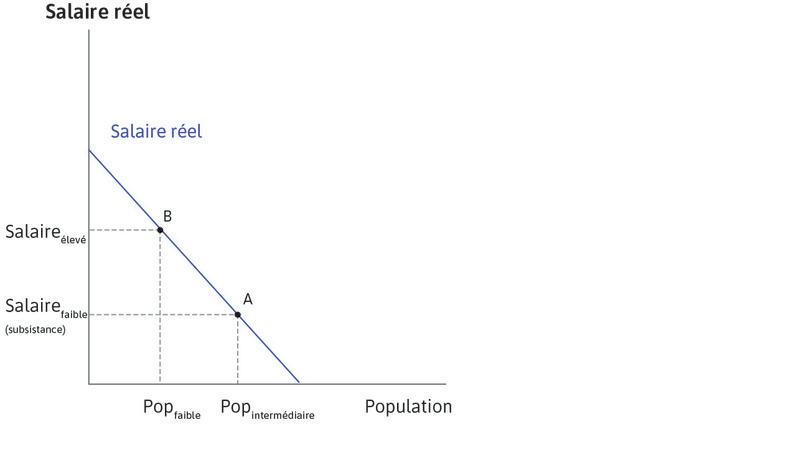 Graphique de gauche : comment les salaires dépendent de la taille de la population
: À un niveau de population intermédiaire, le salaire des personnes qui travaillent la terre est au niveau de subsistance (point A). Le salaire est plus élevé au point B, où la population est plus petite, parce que la productivité moyenne du travail est plus élevée.

