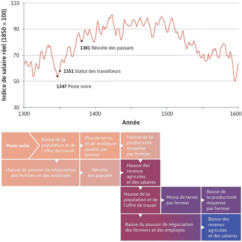 Stagnation malthusienne (1350–1600)
: En 1600, les salaires réels avaient chuté au niveau observé trois siècles auparavant.
