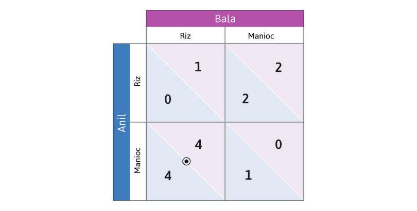 (Manioc, Riz) est un équilibre de Nash
: Si Anil cultive du Manioc et Bala du Riz, les deux jouent leurs meilleures réponses (un point et un cercle coïncident). C’est donc un équilibre de Nash.

