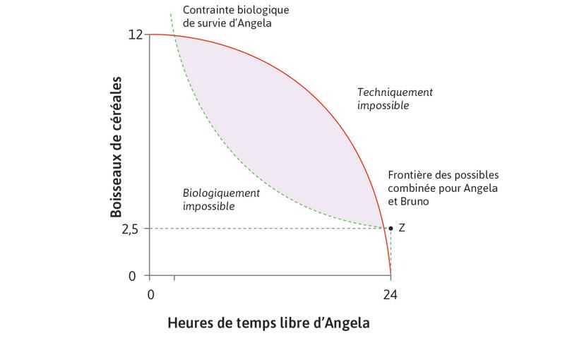 Points biologiquement et techniquement impossibles
: Les points en dessous de la contrainte biologique de survie sont biologiquement impossibles, tandis que tous les points au-dessus de la frontière des possibles sont techniquement impossibles.
