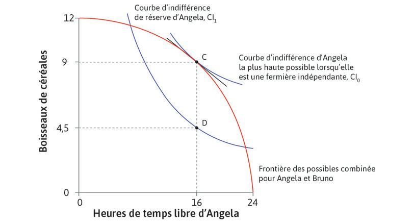 L’allocation au point C
: En tant que fermière indépendante, Angela choisissait le point C, où TMT = TMS. Elle consommait 9 boisseaux de céréales ; 4,5 boisseaux auraient été suffisants pour qu’elle se trouve sur sa courbe d’indifférence de réserve au point D. Mais elle obtenait la totalité du surplus CD – 4,5 boisseaux additionnels.
