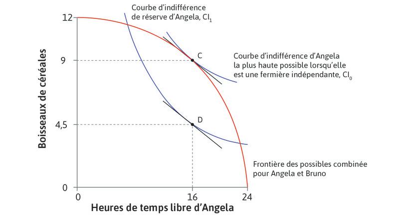 L’allocation au point D
: Quand Bruno possédait la terre et fasait une offre à prendre ou à laisser, il choisissait le contrat dans lequel le loyer était CD (4,5 boisseaux). Angela acceptait et travaillait 8 heures. L’allocation était au point D et, encore une fois, TMT = TMS. Le surplus était toujours de CD, mais était entièrement capturé par Bruno.
