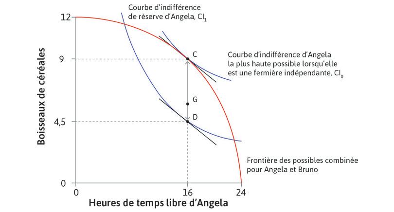 Une allocation fictive
: Le point G est une allocation fictive, où TMS = TMT. Angela travaille 8 heures, et 9 boisseaux de céréales sont produits. Bruno obtient la quantité CG, et Angela le reste. L’allocation G est Pareto-efficace.

