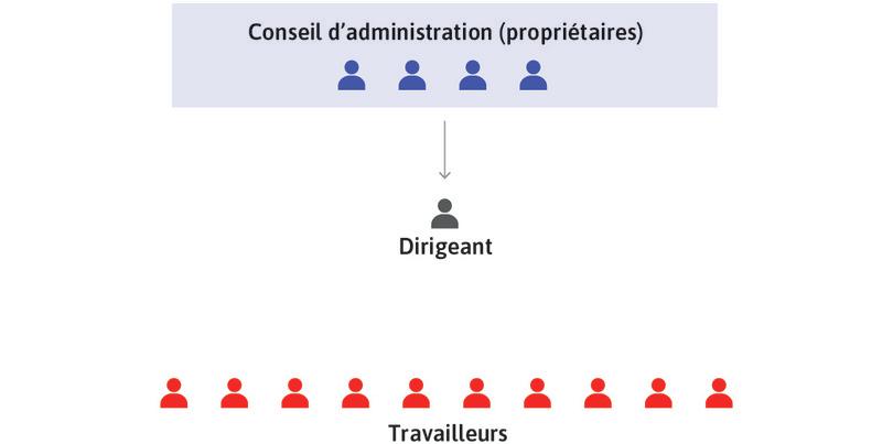 Les propriétaires décident des stratégies de long terme
: Les propriétaires, par l’intermédiaire du conseil d’administration, décident des stratégies de long terme de l’entreprise concernant la nature, les moyens, et le lieu de la production. Ils ordonnent ensuite au(x) dirigeant(s) de mettre en œuvre ces décisions.
