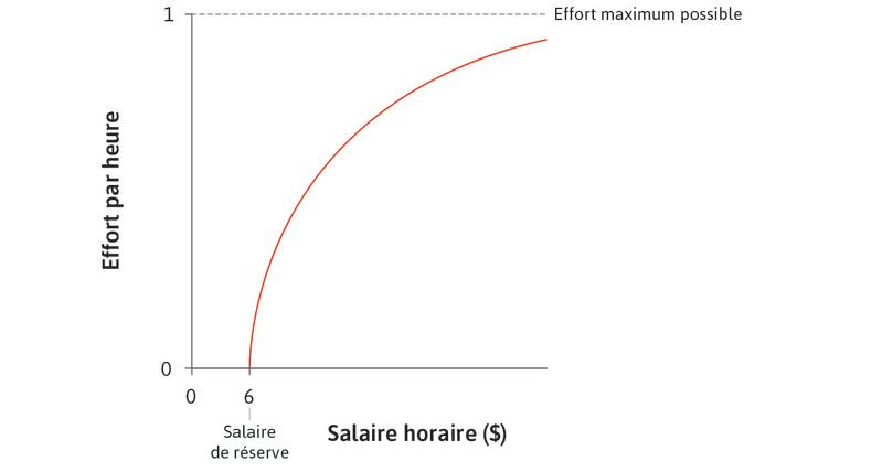 La relation entre effort et salaire
: Si Maria est payée 6 $, elle ne soucie pas de perdre son emploi car son salaire de réserve est de 6 $. C’est pourquoi elle ne fait aucun effort pour un salaire de 6 $. Si elle est payée plus, elle fera plus d’efforts.

