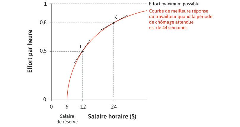 Rendements marginaux décroissants
: Pour des niveaux de salaires élevés, en revanche, une augmentation de salaire a un effet plus faible sur le niveau d’effort.
