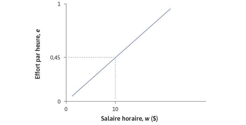 La pente de la droite d’isocoût
: La droite est ascendante, car un niveau d’effort supérieur doit être accompagné d’un salaire plus élevé, pour que le ratio e/w  demeure inchangé. La pente est égale à e/w = 0,045, le nombre d’unités d’effort par dollar.
