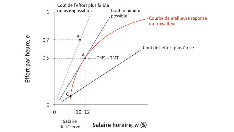 Point B
: Les points sur des droites d’isocoût plus pentues, comme B, correspondent à des coûts plus faibles pour l’employeur, mais ne sont pas réalisables.
