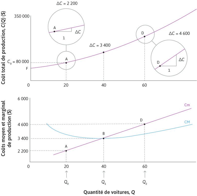 Les fonctions de coût total, coût moyen et coût marginal de Beautiful Cars.
