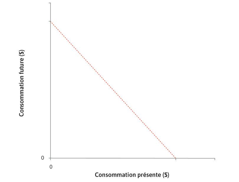 Choix de Julia
: La droite en pointillés montre les combinaisons de consommation présente et de consommation future que Julia peut choisir.
