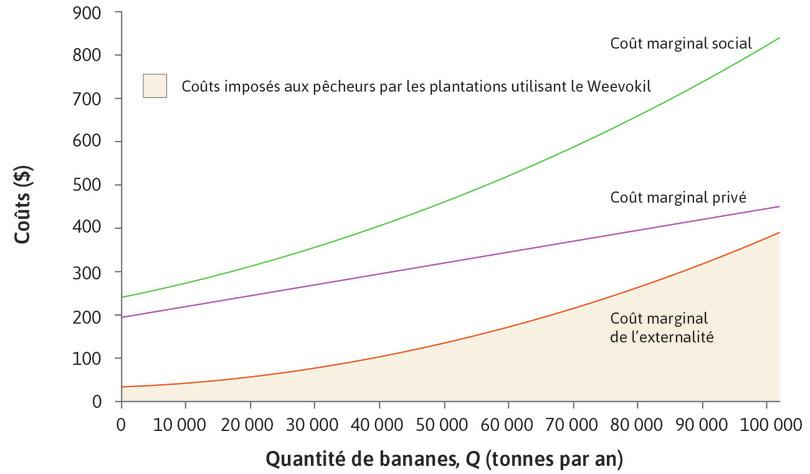 Le coût marginal externe
: La courbe orange représente le coût marginal imposé par les producteurs de bananes aux pêcheurs – le coût marginal externe (CmE). Il s’agit du coût de la réduction de la quantité et qualité de poissons causée par chaque tonne supplémentaire de bananes.
