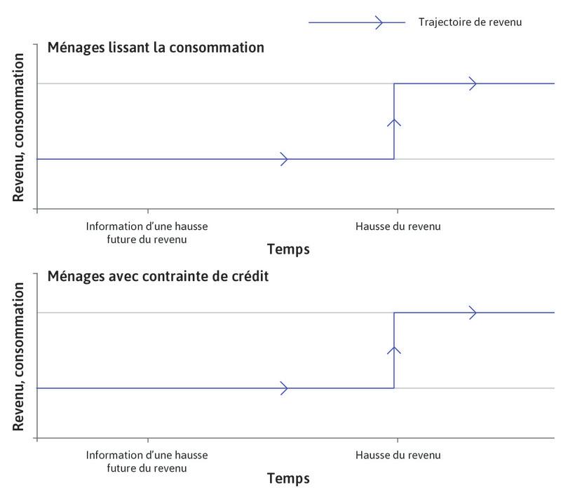 Revenu au fil du temps
: Les lignes bleues sur le graphique montrent que la trajectoire de revenu au cours du temps est la même pour les deux ménages.
