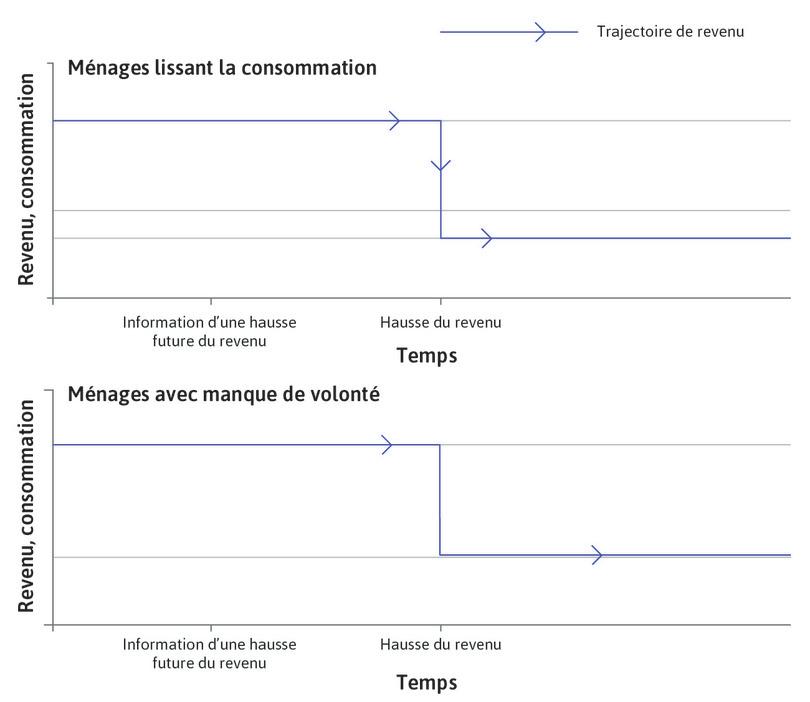 La trajectoire du revenu
: Les lignes bleues sur le graphique montrent que le revenu suit la même trajectoire pour les deux types de ménages.
