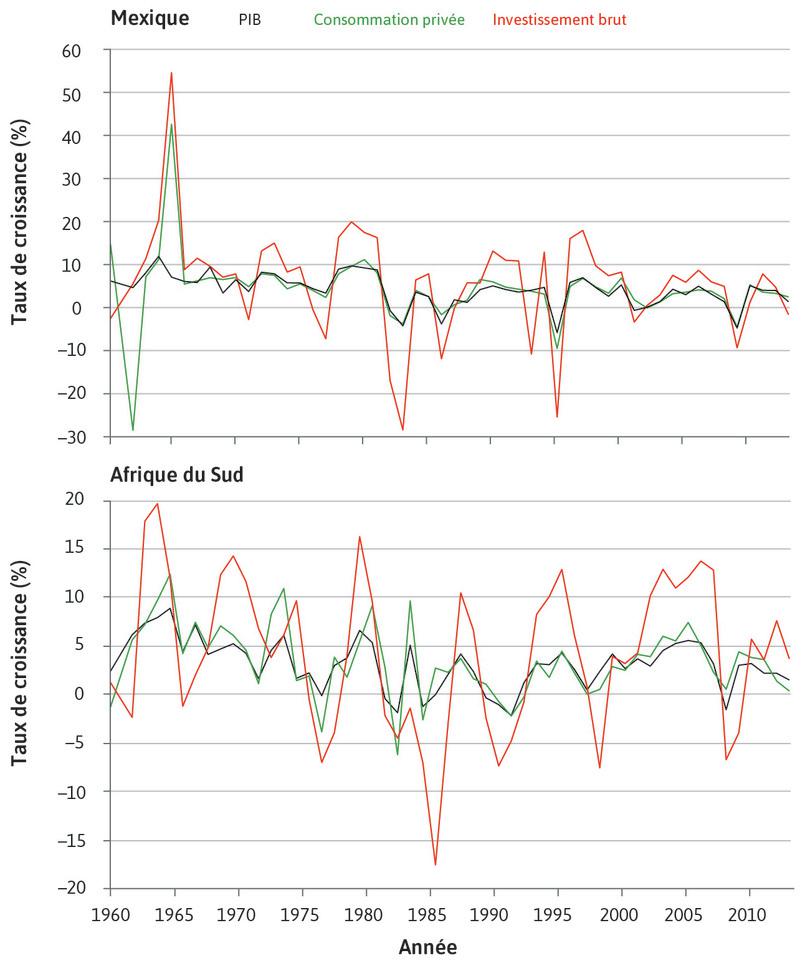 Taux de croissance de la consommation, de l’investissement et du PIB au Mexique et en Afrique du Sud (1961–2012)
