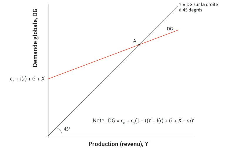 L’équilibre sur le marché des biens
: L’économie commence en A, à l’équilibre sur le marché des biens, où la demande agrégée (DG) est égale à la production.

