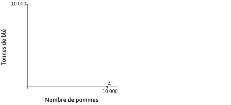 La production de Carlos
: La partie gauche de la figure montre les combinaisons de blé et de pommes que Carlos peut produire en un an. S’il ne produit que des pommes et qu’il a 100 hectares de terres, il peut en produire 10 000. C’est ce que l’on voit au point A de l’axe des abscisses.
