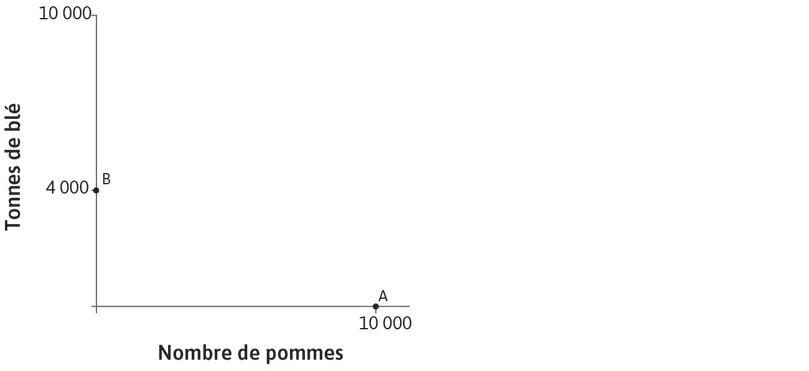 Spécialisation dans le blé
: De la même manière, si Carlos ne produit que du blé, il peut en produire 4 000 tonnes, comme l’on peut le voir au point B de l’axe des ordonnées.
