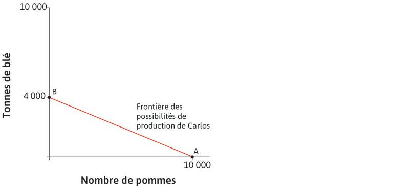 La frontière des possibilités de production
: La droite rouge qui relie les points A et B est la frontière des possibilités de production de Carlos. Elle montre toutes les combinaisons de blé et de pommes que Carlos peut produire en un an.

