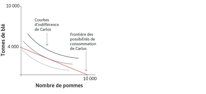 Courbes d’indifférence de Carlos
: Les formes des courbes d’indifférence représentent les préférences de Carlos pour le blé et les pommes.
