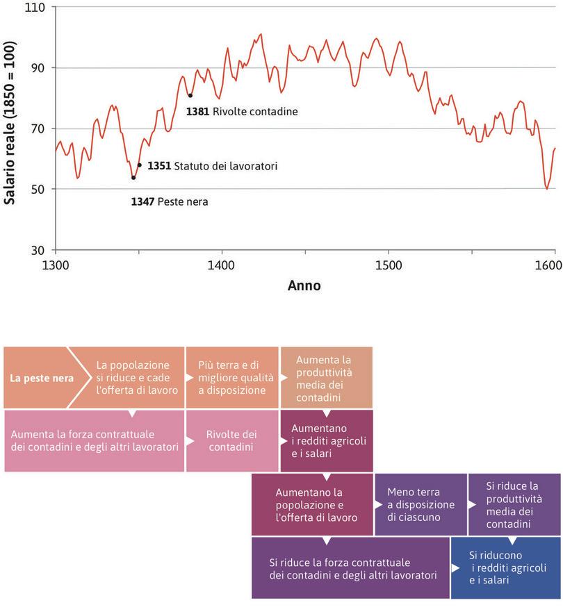 La stagnazione malthusiana (1350–1600)
: Nel 1600, i salari reali erano tornati al livello di 300 anni prima.
