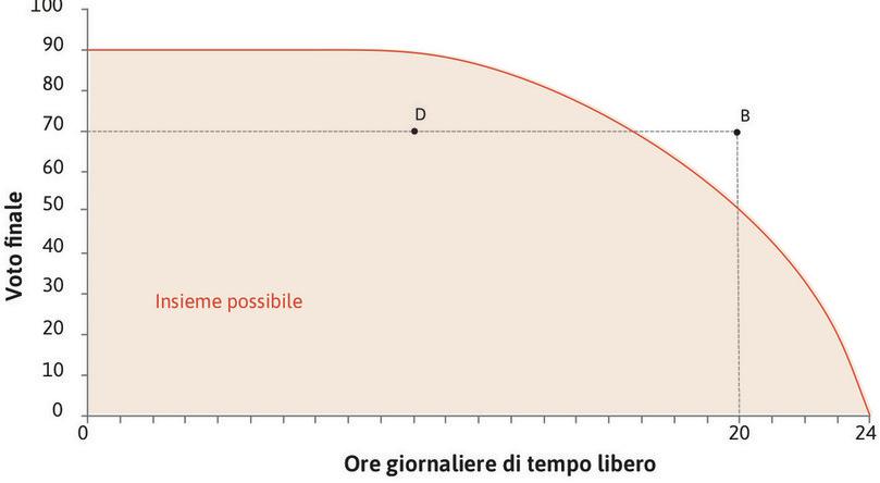 L’insieme possibile
: La frontiera e l’area al suo interno compongono l’insieme possibile. (Un insieme è una collezione di oggetti—in questo caso di tutte combinazioni possibili di voto e tempo libero).

