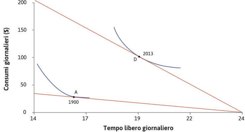 Le curve di indifferenza
: Abbiamo tracciato le curve di indifferenza ipotizzando che i lavoratori abbiano scelto la combinazione preferita di ore di lavoro e beni di consumo tra quelle possibili.
