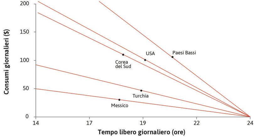 Differenze tra paesi
: Possiamo usare il nostro modello e i dati della tabella 3.5 per capire le differenze tra paesi. Le rette mostrano gli insiemi possibili di tempo libero e consumi per i cinque paesi considerati nella tabella 3.5.
