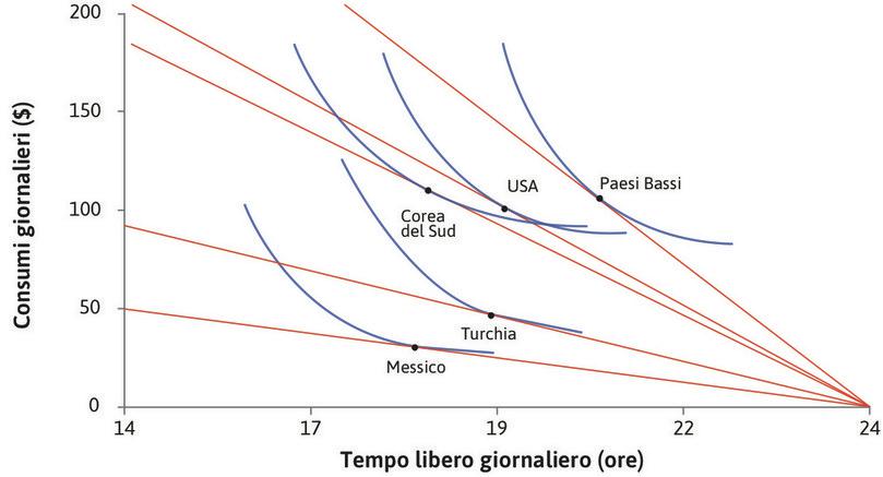 Le curve di indifferenza
: Tracciamo delle curve d’indifferenza che diano conto delle scelte nei diversi paesi. Tali curve non sono ottenute dai dati, ma hanno forme plausibili e compatibili con i dati osservati.
