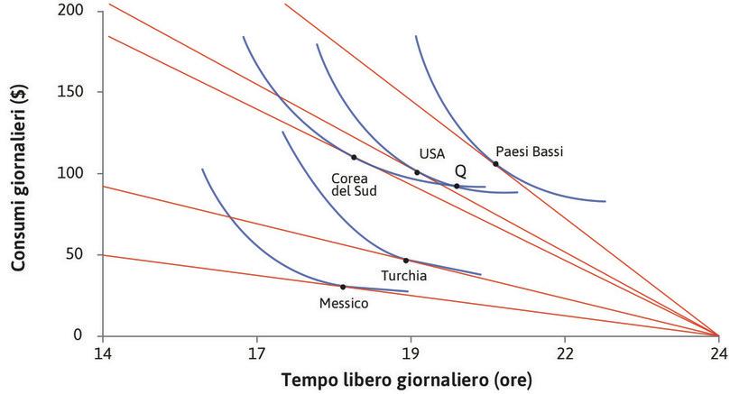 Usare il modello per spiegare la scelta fra tempo libero e consumi nei diversi paesi (2013)
: La scelta fra tempo libero e consumi in diversi paesi (2013).

