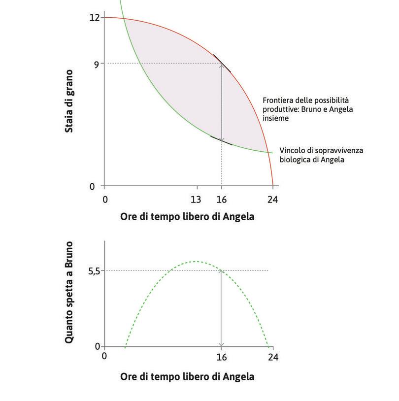 Quando Angela lavora 8 ore
: Bruno può prendere per sé 5,5 staia senza compromettere la possibilità che Angela continui a lavorare per lui in futuro. Questa quantità è rappresentata dalla distanza verticale tra la frontiera delle possibilità produttive e il vincolo di sopravvivenza biologica.
