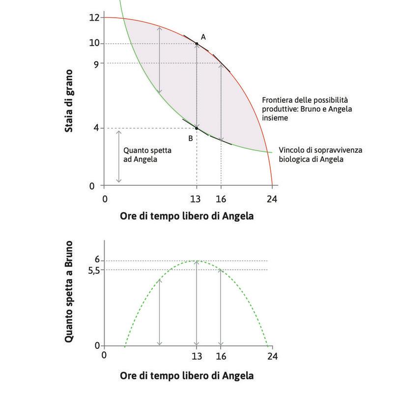 La soluzione ottimale per Bruno
: Bruno ottiene la quantità massima di grano scegliendo l’allocazione B, in corrispondenza della quale le pendenze della frontiera delle possibilità produttive e del vincolo biologico di sopravvivenza sono uguali: SMT = SMS.
