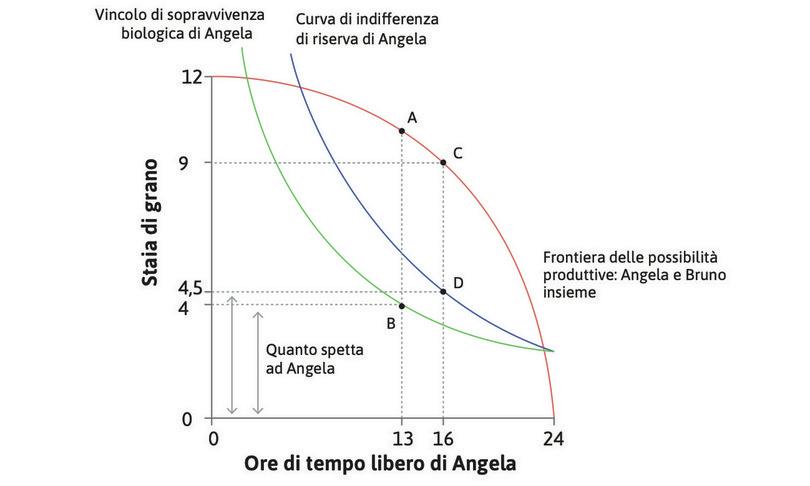 Se Angela può dire di no
: Se lo scambio è volontario, l’allocazione B non è più disponibile. Il meglio che Bruno può ottenere è l’allocazione D, in cui Angela lavora 8 ore e gli paga una quantità di grano pari a CD.

