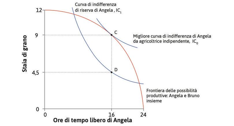 L’allocazione C
: Come agricoltrice indipendente, Angela ha scelto il punto C, dove SMS = SMT e dove consuma 9 staia di grano. In D, 4,5 staia sarebbero state sufficienti per collocarsi sulla sua curva di indifferenza di riserva, ma ella otteneva in più tutto il surplus CD, cioè altre 4,5 staia.
