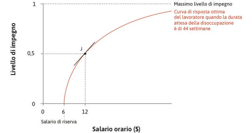 L’effetto di un aumento di salario quando il livello di impegno è basso
: Quando il salario è basso, la curva di risposta ottima è ripida: un aumento minimo di salario aumenta di molto il livello di impegno.
