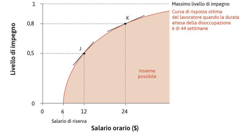 L’insieme possibile per il principale
: La curva di risposta ottima del lavoratore è la frontiera dell’insieme di tutte le combinazioni possibili di salario e impegno; tale frontiera rappresenta il vincolo per la scelta del principale.

