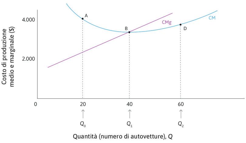 Curve del costo marginale e del costo medio.
