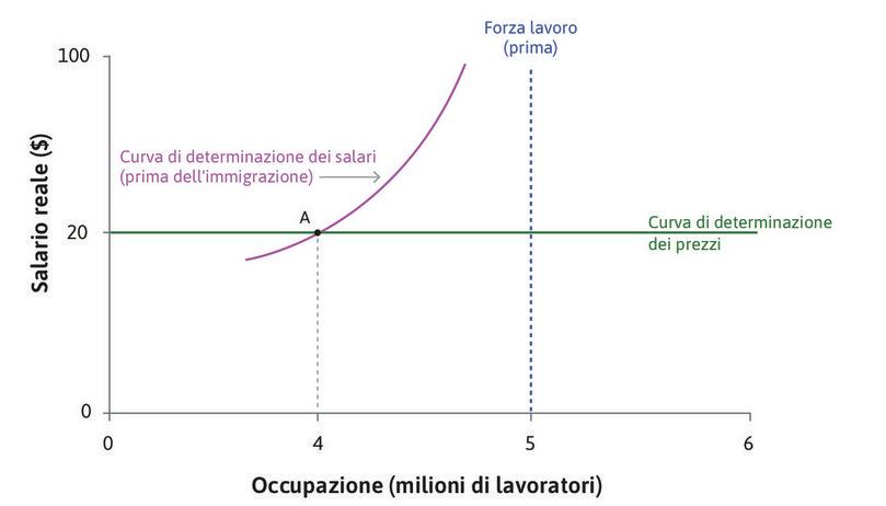 Situazione iniziale
: L’equilibrio iniziale dell’economia è nel punto A, con 4 milioni di occupati ad un salario orario di 20 $ ed una forza lavoro di 5 milioni di persone.
