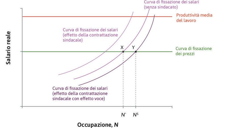 
: La curva della fissazione del salario in presenza di contrattazione sindacale ed effetto voce.
