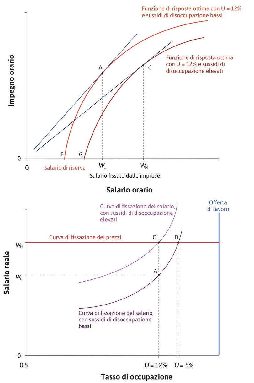 L’effetto di un aumento del sussidio di disoccupazione
: La nuova curva della fissazione del salario passa attraverso il punto C.
