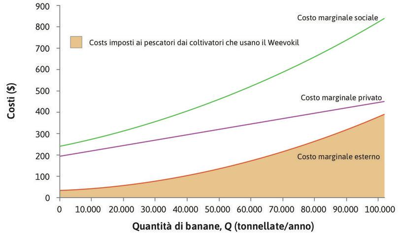 Il costo marginale esterno
: La linea arancione rappresenta il costo marginale imposto dai proprietari delle piantagioni di banane sui pescatori — il costo marginale esterno. Esso rappresenta il costo dovuto alla riduzione della qualità e quantità del pesce venduto per ogni tonnellata addizionale di banane prodotta.
