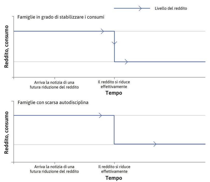 Il livello del reddito nel tempo
: Le linee blu nella figura mostrano che il profilo temporale del livello del reddito è lo stesso per entrambe le famiglie.
