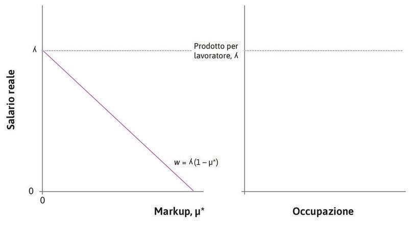 La curva della fissazione del prezzo di lungo periodo
: Nel grafico di sinistra, l’equazione della curva della fissazione del prezzo di lungo periodo corrisponde a una retta inclinata negativamente. Sugli assi delle ascisse e delle ordinate sono riportati, rispettivamente, il markup di equilibrio e il salario reale.
